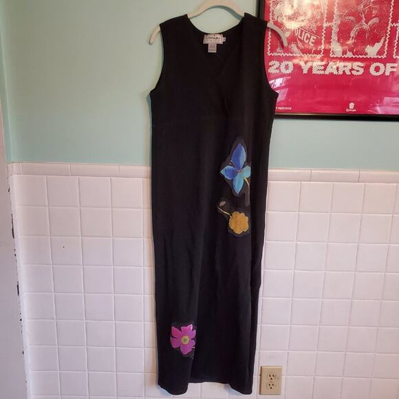 Vintage 90s Black Floral Embroidered Sleeveless Maxi Dress V Neck Cottagecore - Picture 3 of 12